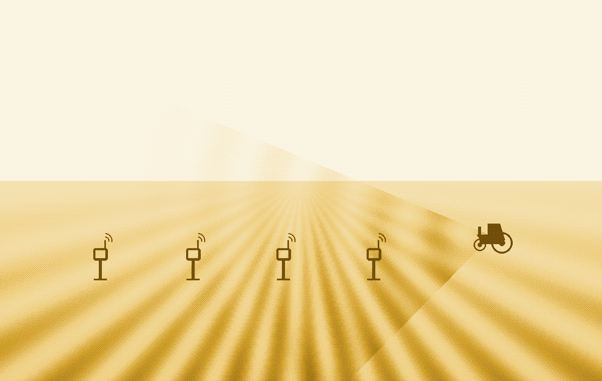 Dithered watercolor illustration of a sunlit field with sensor posts and a tractor on the mesh.