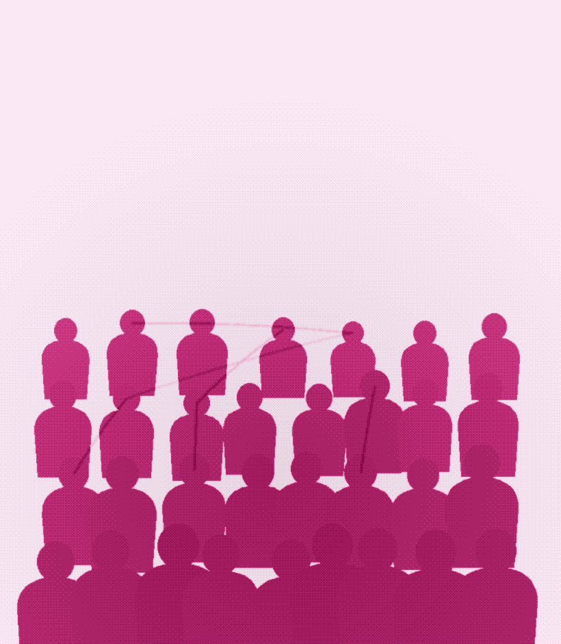 Dithered watercolor illustration of a dense event crowd of attendee figures meshed together, each phone a relay node.