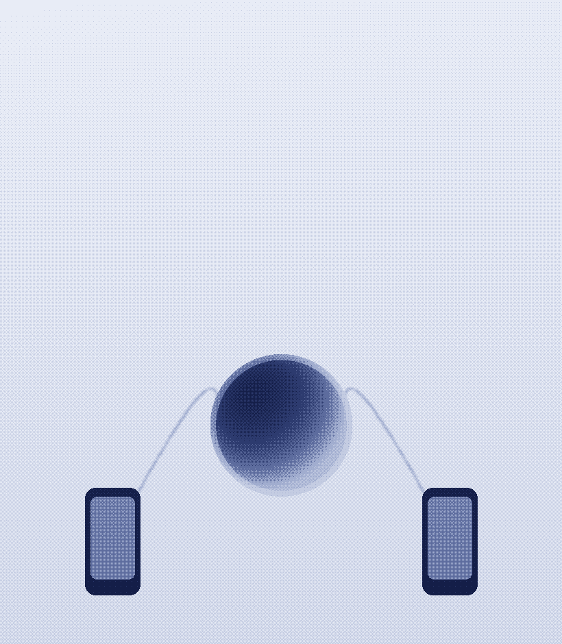 Dithered watercolor illustration of a coin in transit between two phones, device-to-device.