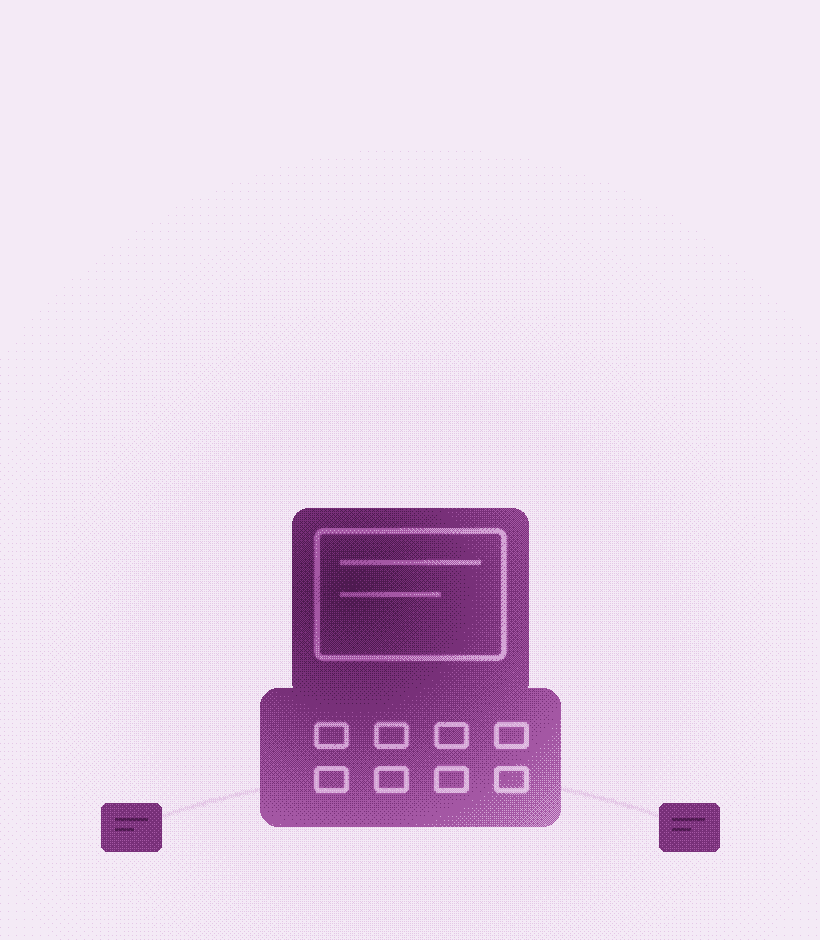 Dithered watercolor illustration of a point-of-sale terminal with register nodes meshed across the floor.