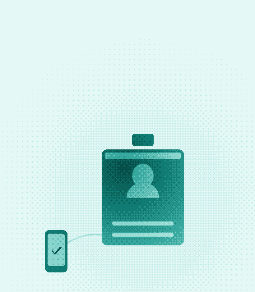 Dithered watercolor illustration of a credential badge with a device presenting a verified check.